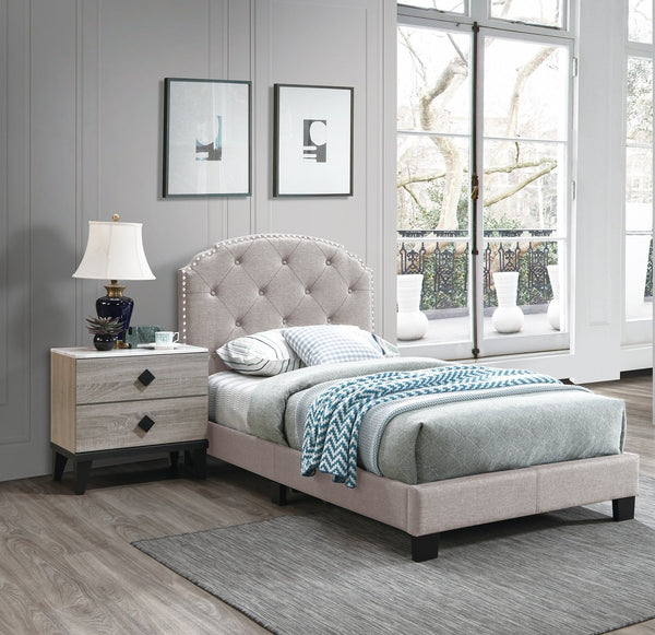 English Elm Light Gray Burlap Upholstered Twin Bed with Button Tufted Headboard and Nailhead Trim B011P415184