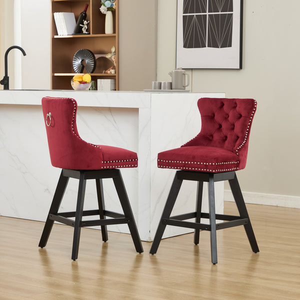 English Elm Swivel Velvet Barstools with Supportive Curved Back, Thick Foam & Spring Seat, 360° Rotation, Sturdy Wooden Frame WINE RED W1143P369088