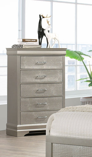 English Elm 5-Drawer Tall Chest Solid Wood Nightstand with Crystal Tufted Handles and Nickel Finish Accent Beige,Champagne 33.86 L x 18.31 W x 51.18 H B011P198809