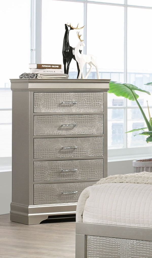 English Elm 5-Drawer Tall Chest Solid Wood Nightstand with Crystal Tufted Handles and Nickel Finish Accent Beige,Champagne 33.86 L x 18.31 W x 51.18 H B011P198809