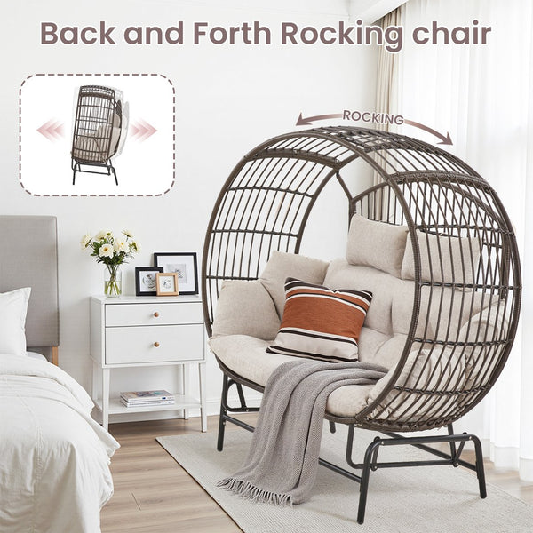 English Elm Oversized Pe Wicker Egg Glider Chair Two Person Patio Loveseat with Thick Cushions T3773P501788
