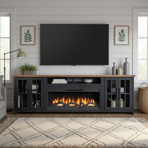 English Elm 97 inch Fireplace TV Stand Console — Two-Tone Black & Whiskey Farmhouse Media Center w/ Fireplace Remote, Cable Management B108P160223