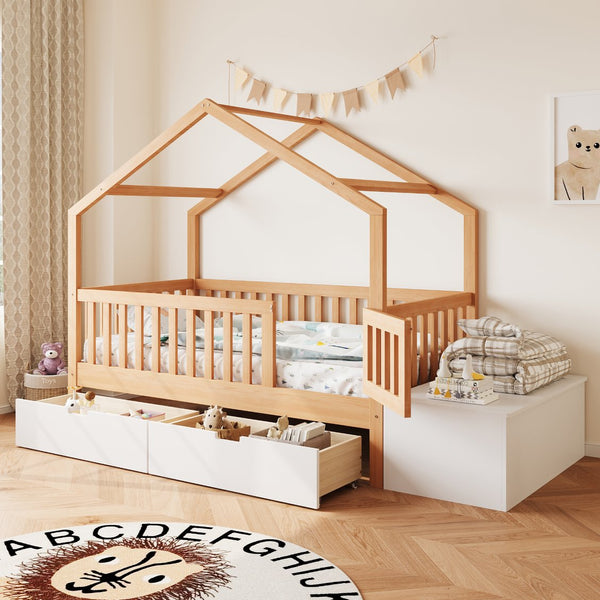 English Elm Toddler Playhouse Bed Solid Pine Frame with Storage Drawers Safety Gate Kids Room N899P429858N