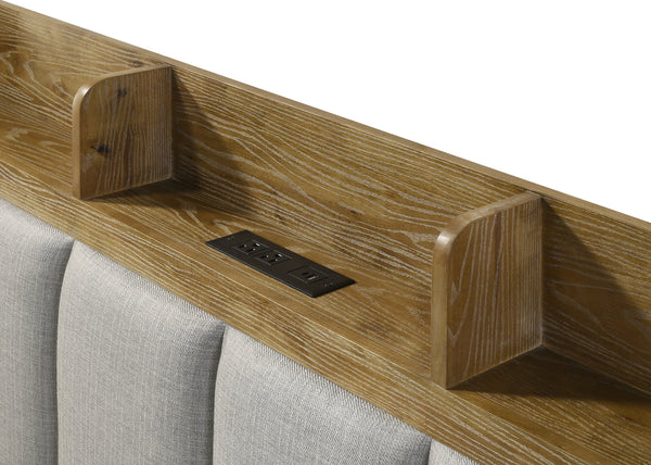 English Elm Garcia Eastern King Bed with USB Ports, Aspen Brown Fabric Upholstery, Solid Rubberwood Frame Light Brown 85.04 L x 7.48 W x 9.45 H B2726S00540