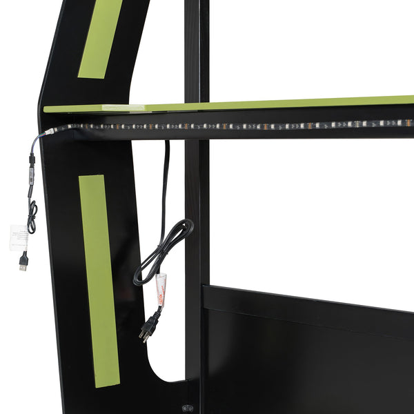 English Elm Full-size Gaming Loft Bed with Integrated Rgb Desk Usb Ports and Esports Frame Green LT000239AAG