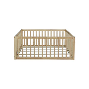 English Elm Twin Montessori Floor Bed Solid Rubber Wood with Safety Fence Rails Toddler Room W504P411200