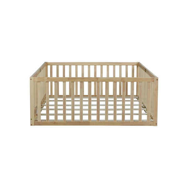 English Elm Twin Montessori Floor Bed Solid Rubber Wood with Safety Fence Rails Toddler Room W504P411200