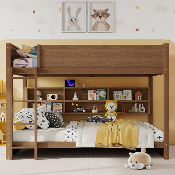 English Elm Queen Over Queen Floor Bunk Bed with Built-In Storage Shelves, USB Charging Station, Solid Pine Frame, Safety Rails and LadderDesigned for Space Saving and Modern Bedrooms Wheat W504S00259