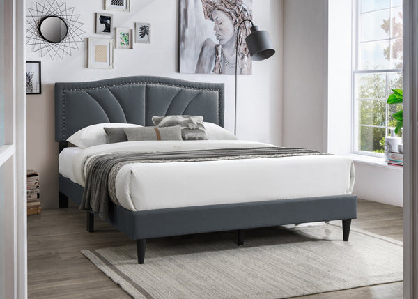 English Elm Modern Burlap Upholstered Platform Bed Nailhead Trim Sloped Headboard Charcoal B011P418594