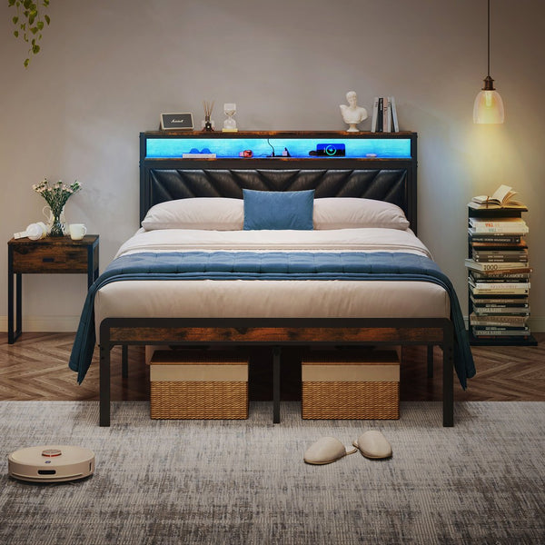 English Elm Full Size Industrial Platform Bed with Tilted Headboard Rgb Lighting and Charging W1903P195321
