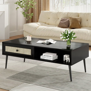 English Elm Mid-Century 47" Rectangle Console Coffee Table with Rattan Drawer & Open Shelf, Metal Legs, Black - Stylish Storage and Durable Design T3623P379996