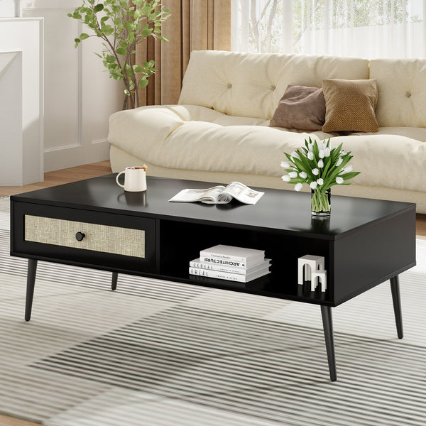 English Elm Mid-Century 47" Rectangle Console Coffee Table with Rattan Drawer & Open Shelf, Metal Legs, Black - Stylish Storage and Durable Design T3623P379996