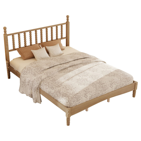 English Elm Queen Wood Platform Bed with Gourd-Shaped Headboard, Retro-Inspired Solid Frame, Slat Support, Sturdy Elegance Natural 64.8 L x 17.5 W x 9.5 H N733P206242M