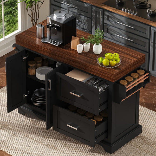 English Elm K&k Rolling Kitchen Island with Walnut Grain Countertop Drawers and Spice Rack Black N707S000025B