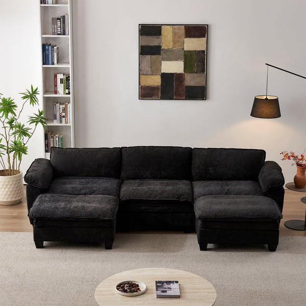 English Elm Living Room U-shaped Chenille Sectional Sofa with Two Ottomans Pocket Coil Comfort Black W1097S00241