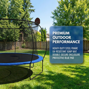 English Elm 14 Foot Pumpkin Shaped Backyard Trampoline with Basketball Hoop Galvanized Steel Frame W2071P319084