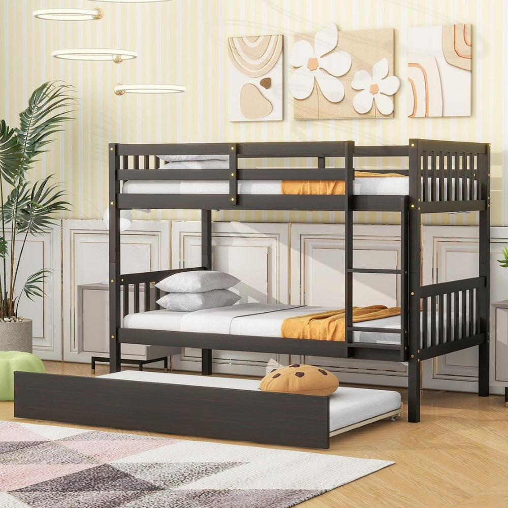 English Elm Twin Over Twin Rubberwood Bunk Bed With Trundle - Space-Saving Design, Espresso Finish, Safety Features W504S00158-GIGA
