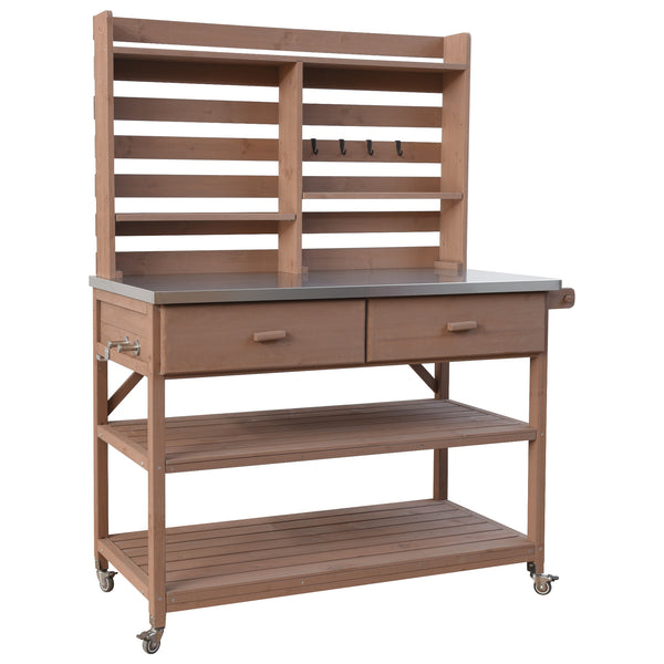 English Elm K&K 64.9" Outdoor Potting Bench with 1.2" Stainless Steel Top, Lockable Wheels, Hutch & Drawers Brown N707P228274Z
