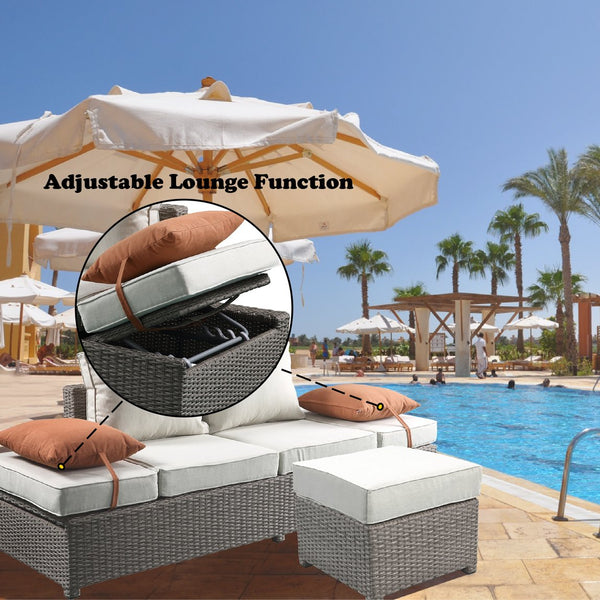 English Elm Salena Gray+Beige All-Weather Wicker Patio Sofa & Ottoman with 2 Toss Pillows, Foam Cushions, No-Assembly B2726P245456