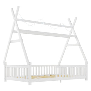 English Elm Twin House Bed with Roof and Guardrails, Low Floor Kids Playhouse Bed with Tent and Lights, Cozy Design White 80.91 L x 15.55 W x 6.5 H W2593P296909