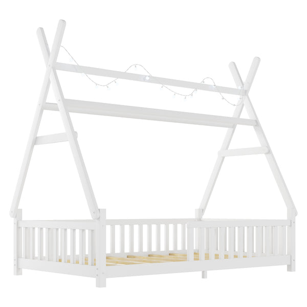 English Elm Twin Montessori Floor Bed House Frame with Led Lighting and Safety Rails for Kids White W2593P440571