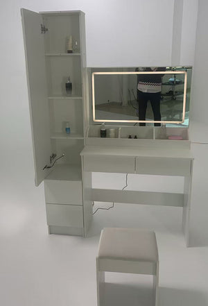 English Elm Full Bedroom Vanity Set with Led Round Mirror Touch Lighting Stool and Cabinet Storage White W3258S00007