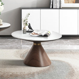 English Elm Luxury Greer Conical Cocktail Table with White Sintered Stone Top, Oak Base & Gold Stainless Band B011S00981