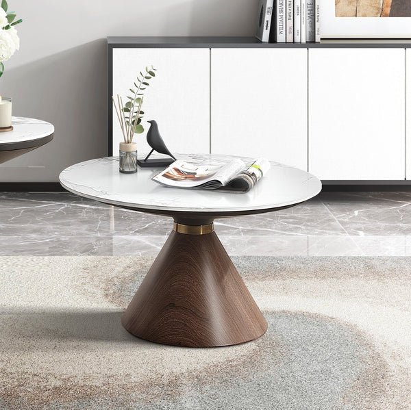 English Elm Luxury Greer Conical Cocktail Table with White Sintered Stone Top, Oak Base & Gold Stainless Band B011S00981