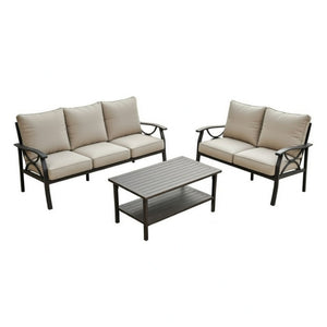 English Elm 3-piece Outdoor Steel Patio Conversation Set with Thick Cushions and Coffee Table Beige B082S00123