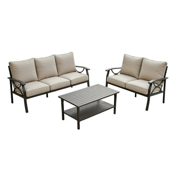 English Elm 3-piece Outdoor Steel Patio Conversation Set with Thick Cushions and Coffee Table Beige B082S00123