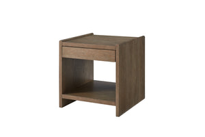 English Elm End Table Cocoa Solid Wood & MDF, Weathered Brown Finish, Soft-Close Drawer, Open Shelf Accent Piece B2699P323116