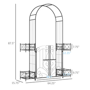 English Elm Outsunny 7' Garden Arch Arbor with Double Gate, Planters & Scrollwork Trellis for Vines, Black W2225P200806