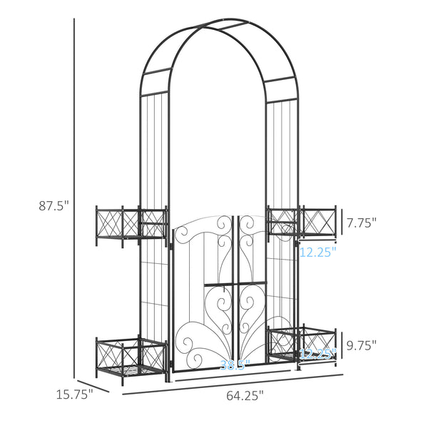 English Elm Outsunny 7' Garden Arch Arbor with Double Gate, Planters & Scrollwork Trellis for Vines, Black W2225P200806