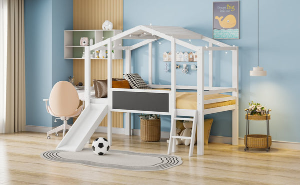 English Elm Twin House Loft Bed with Slide Chalkboard Panel and Led Roofline for Kids White WF324323AAK