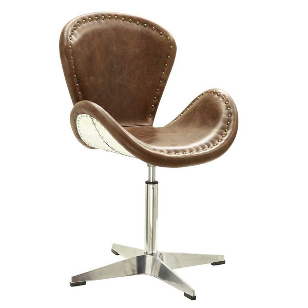 English Elm Retro Retro Brown Top Grain Leather Bucket Seat Accent Chair with Chrome Nailhead Trim, Cozy Lounge Appeal B062P186447