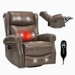 English Elm Heat Massage Swivel Rocker Recliner Genuine Leather Chair with Lumbar Relief W3224S00011