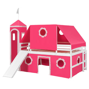 English Elm Full Size Kids Castle Loft Bed with Slide Tent Tower Pinewood Play Zone LT000772AAH-2