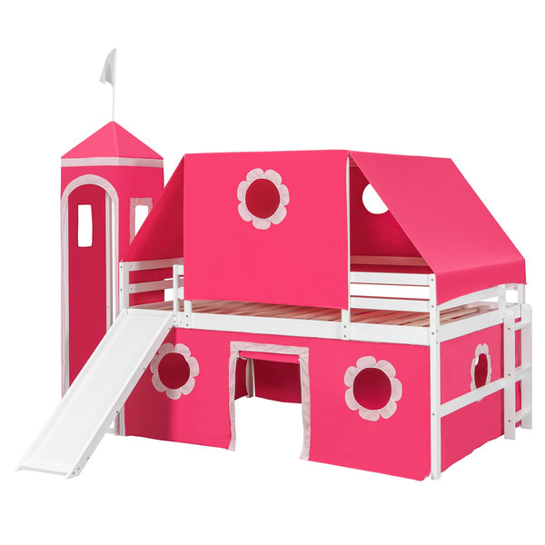 English Elm Full Size Kids Castle Loft Bed with Slide Tent Tower Pinewood Play Zone LT000772AAH-2