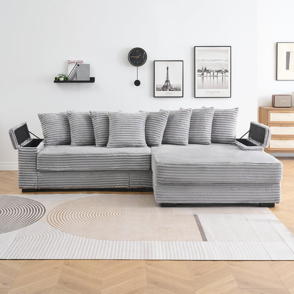 English Elm 111.4 Corduroy L-shaped Sofa with Chaise, Cup Holder & Storage Armrest, Solid Wood Frame, 500lb Capacity Gray W1658S00132