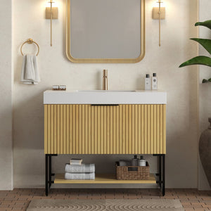 English Elm YOLAN 36" Bathroom Vanity with Integrated Solid Surface Basin, Pre-Assembled Plywood Cabinet, Soft-Close Drawer and Open Towel Shelf Golden Oak,White W2615S00253