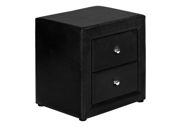 English Elm Nightstand, Upholstered Leather-Look Accent Table with Two Drawers, Chrome Knob, No Assembly Required Black 22 L x 17 W x 22 H B2710P219502
