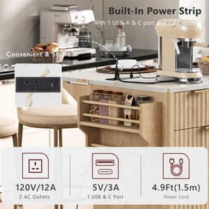English Elm K&k Fluted Rolling Kitchen Island Faux Marble Top Power Outlet Storage Drawers Natural N707P353945Y