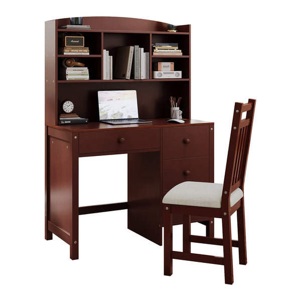 English Elm Vintage 40'' Home Executive Desk Set with Upholstered Chair and Built-In Bookshelf for Stylish Productivity Espresso 44 L x 23 W x 13.5 H N733P272894P