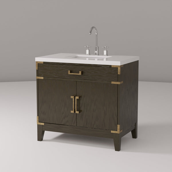 English Elm Brown Oak Single Bath Vanity 36" W X 22" D With Cultured Marble Top & Complete Faucet Set, Stylish Storage B2731P259785