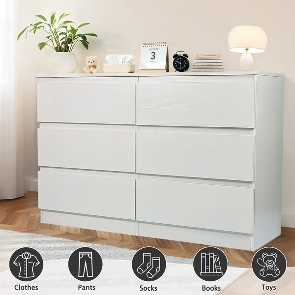 English Elm 6 Drawer Modern Dresser with Concealed Handles, Spacious Top, Durable Wood Storage Cabinet for Bedroom White W3204P318437
