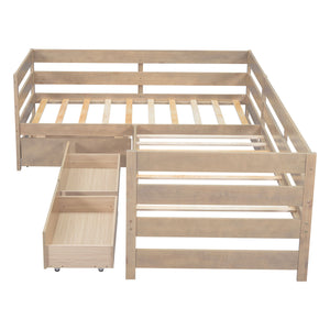 English Elm Twin L-Shaped Platform Bed with Three Spacious Drawers, Solid Pine & MDF, Clean-Lined Design Natural N7090000468N