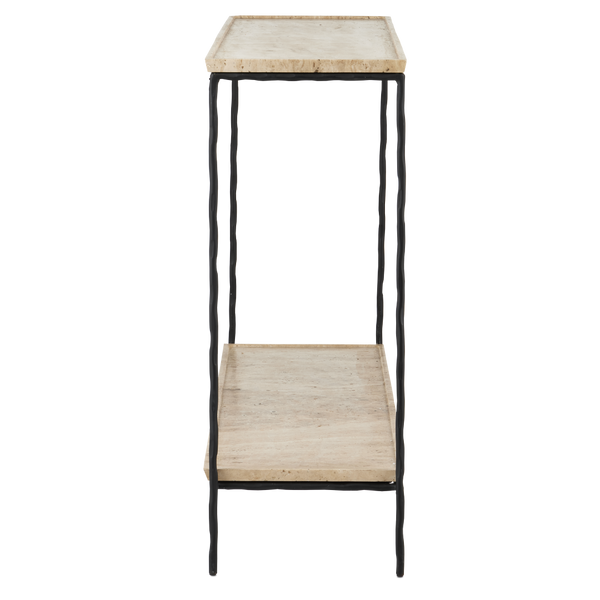 Boyles Modern Travertine Console Table with Unique Textured Tray Top and Durable Iron Base