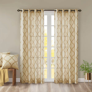 JLA Home Madison Park - Fretwork Metallic Fret Print Curtain Panel with Gunmetal Grommets — Textured Cotton-Blend Light Filter Beige/Gold MP40-3599