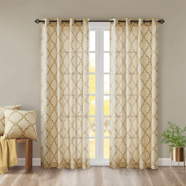 JLA Home Madison Park - Fretwork Metallic Fret Print Curtain Panel with Gunmetal Grommets — Textured Cotton-Blend Light Filter Beige/Gold MP40-3599