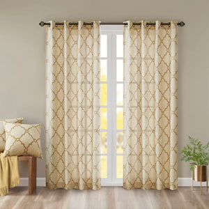 JLA Home Madison Park - Fretwork Metallic Fretwork Curtain Panel with Cotton-Blend Basket Weave, Gunmetal Grommet Top Drapery Beige/Gold MP40-3598